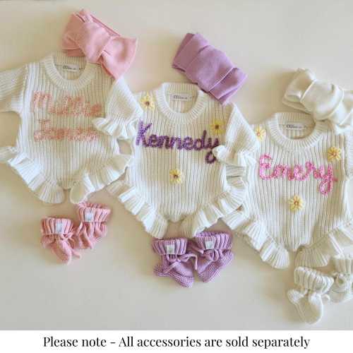 Hand Embroidered Ruffle Romper, Knit Embroidered Baby Announcement Romper, Personalized Coming Home Outfit, Baby Shower Gift