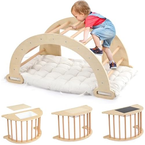 JOYMOR 5-in-1 Pikler Triangle Climber Arch Rocker with Cushion Sensory Table Set for Kids, Montessori Wooden Climbing Toys for Toddlers Inside with Collapsible Storage Basin & Blackboard