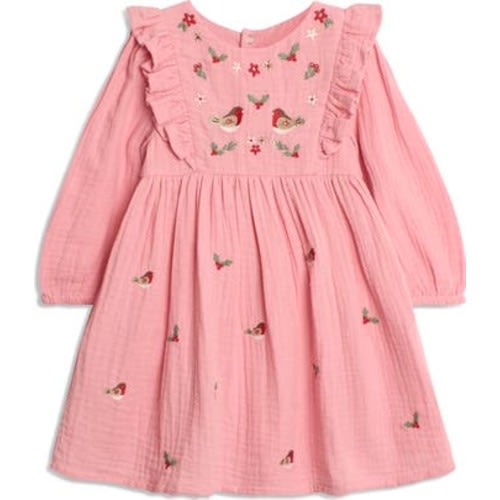 Robin Holiday Embroidered Long Sleeve Cotton Gauze Dress, 6-12M