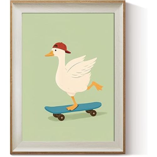 ARPEOTCY Framed Canvas Wall Art, 12x16 Cute Skateboarding Duck Illustration, Playful Animal Kids Wall Decor for Nursery, Boys Girls Bedroom or Playroom
