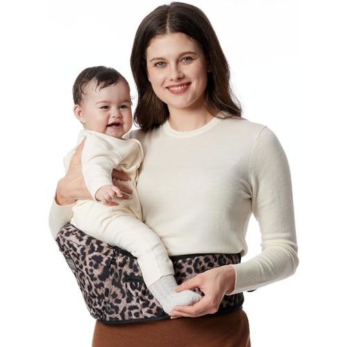 Momcozy Hip Seat Baby Carrier - Adjustable Waistband with Original 3D Belly Protector, Ergonomic Carrier with Various Pockets for Newborns & Toddlers up to 45lbs (Leopard, Large)