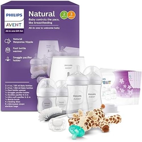Philips Avent Natural All-in-One Baby Gift Set, Bottles with Natural Response Nipples 2x 4oz (Slow Flow, Flow 2), 2x 9oz (Medium Flow, Flow 3), Bottle Warmer, Soothie & Ultra Soft Pacifiers, SCD839/01