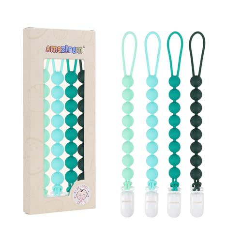 One Piece Design Silicone Pacifier Clip Holder for Baby Boys and Girls,Flexible Pacifier Leashes,Soft Teether Clip for Newborns,4-Pack. (Green)