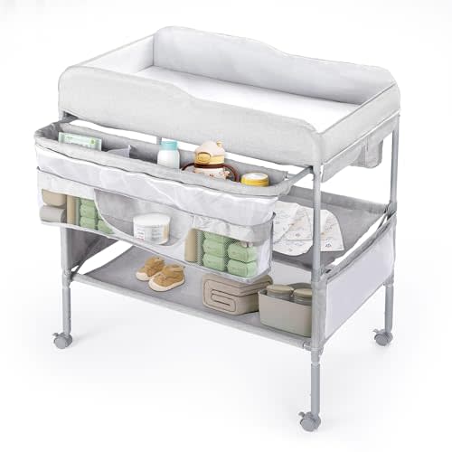 Portable Baby Changing Table, Foldable Diaper Changing Station with Waterproof Pad, Mobile Nursery Organizer for Infant & Newborn Essentials, Grey
