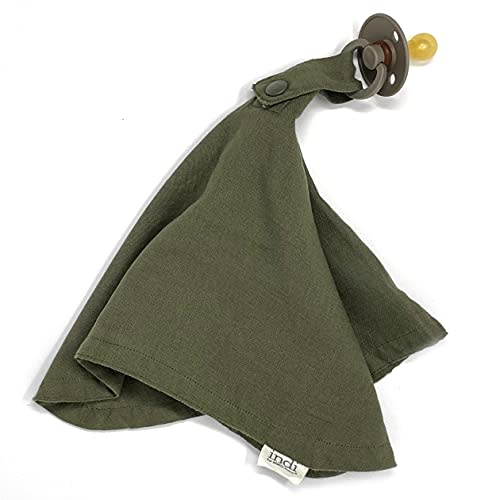 Kishu Baby Indi Organic Paci Blanket - Fairtrade Certified 100% Organic Cotton Muslin Mini Baby Blanket with Snap to Secure Baby Pacifier - Pacifier Not Included (Dark Olive)