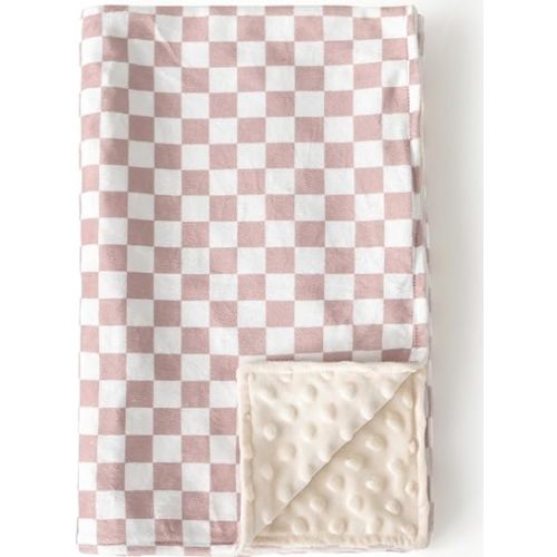 Baby Blankets for Unisex Boys Girls, Soft Plush Minky Blanket with Double Layer Dotted Backing for Infant Newborn Toddler, Woodland Design 30 x 40 Inch (Checkered Cream)