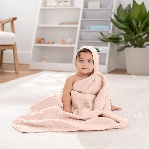 Comfy Cubs Hooded Baby Towel 2-Pack, Large 32 x 32 Inch - 6 Layer 100% Muslin Cotton for Babies, Toddlers, Kids - Soft & Absorbent Baby Bath Towels - Unisex Design for Bath Time, Mauve and Blush