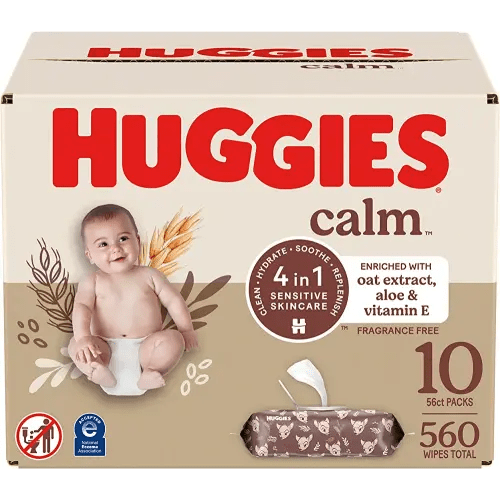 Huggies Calm Baby Diaper Wipes, Unscented, Hypoallergenic, 10 Push Button Packs (560 Wipes Total)