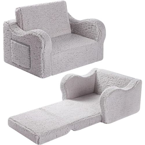 Kids Sofa, 2-in-1 Flip-Out Foam Couch with Soft Sherpa Cover, Cozy Play Lounge Chair, Grey