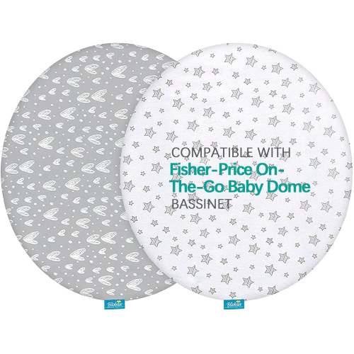 Bassinet Fitted Sheets Compatible with Fisher-Price On-The-Go Baby Dome, 2 Pack, 100% Jersey Knit Cotton