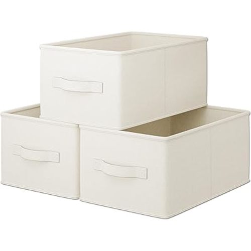 3 Pack Fabric Storage Bins for Shelves | 14¾" L*10¼" W*8" H Closet Storage Bins | Collapsible Storage Bins for Organization | Linen Clothes Storage Bins | White & Ivory