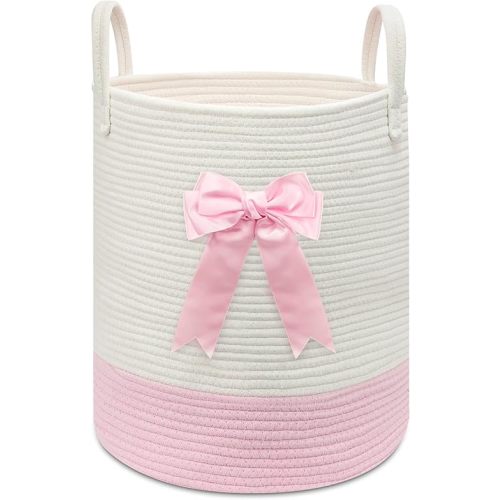 Pink Woven Laundry Hamper Basket with Bow, Large Tall Clothes Storage Basket for Baby Nursery, Girls Room, Bathroom & Bedroom Organizer 15"x17.7"