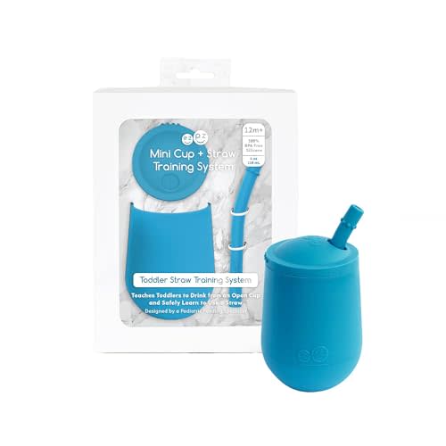 ezpz Mini Cup + Straw Training System - 9 Months+ (Blue) - 100% Silicone Training Cup for Infants + Toddlers - Designed by a Pediatric Feeding Specialist