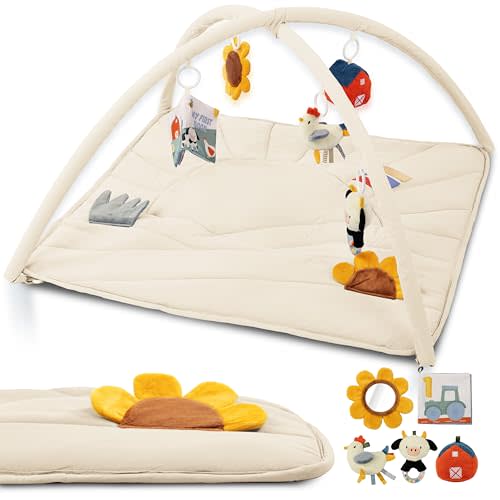 Beautiful Baby Play Gym and Tummy Time Mat - Soft Mat with 5 Farm Toys Creates The Perfect Activity Area for Your Girl/Boy - Stylish Infant Floor Playmat Fits Nicely with Any Playroom Decor