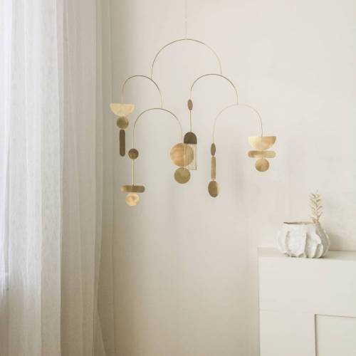 Kinetic brass mobile. Mid-century modern hanging sculpture. Living room, bedroom decor. Nursery, baby, crib mobile