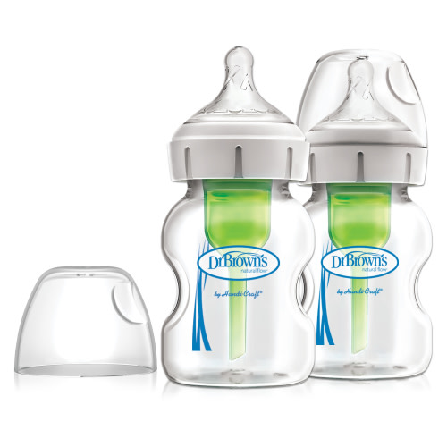 Dr. Brown's Natural Flow Anti-Colic Options+ Wide-Neck Glass Baby Bottle, 5oz/150ml, Slow Flow, 0m+, 2 Pack