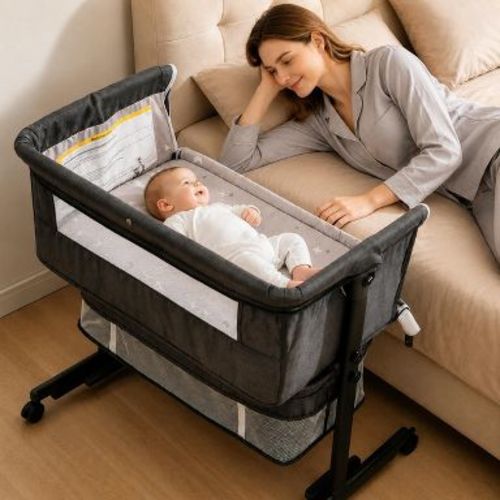 Kmaier Baby Bassinet 3 in 1 Foldable Portable Crib,6 Adjustable Height,with Wheels,Baby Bassinet Rocking-Dark Grey