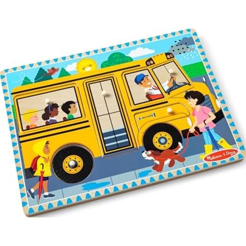 Melissa & Doug The Wheels on The Bus Song Puzzle – 8-Piece Wooden Peg Puzzle with Light-Activated Sounds, Music Learning Toy for Toddlers and Preschoolers Ages 2+