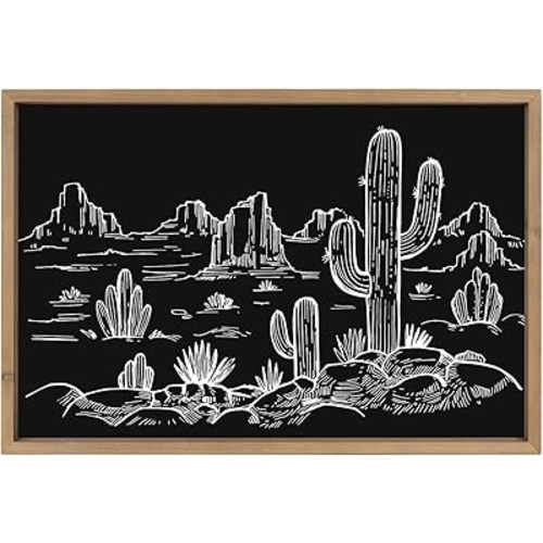 flangairy 23.6×15.7In Cactus Wall Art, Black And White Wooden Western Wall Decor With Wood Frame, Desert Print for Living Room Bedroom Bathroom, Rustic Southwest Farmhouse Home Decorations