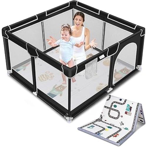 Suposeu Baby Playpen with Anti-Slip Mat for Indoor and Outdoor Playard Kids Activity Center with Gate, Portable Baby Fence Area for Babies and Toddlers, Black