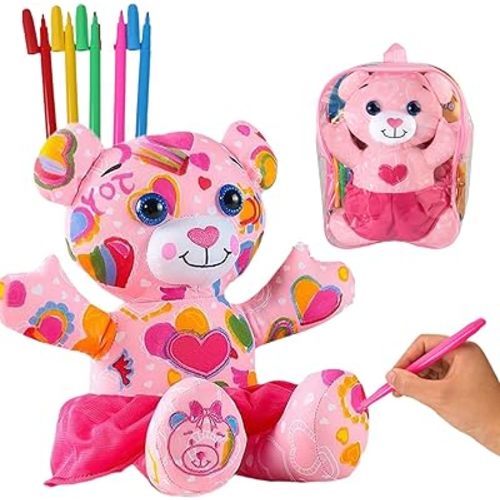 Coloring Plush Toy with 5 Washable Markers for Little Girls Doodle Dolls for Kids Ages 4-6 Birthday (Pink Bear)