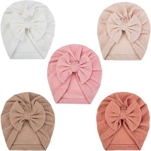 KIDOCHEESE 5PCS Baby Turban Hats Big Bow Newborn Beanie Baby Girls Boys Infants Toddlers Headwraps