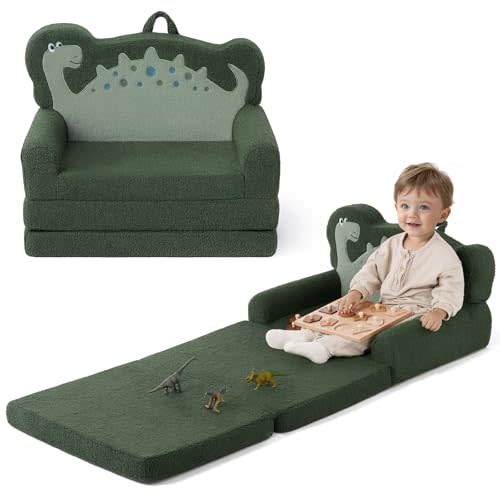 Blissful Diary Kids Couch, 2-in-1 Soft Toddler Couch Fold Out, Toddler Chair Comfy, Convertible Sofa to Lounger, Kids Furniture for Playroom, Gift for Birthday, Children's Day, Green Dinosaur