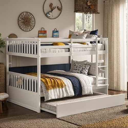 Full Over Full Bunk Bed with Trundle and Ladder for Kids Bedroom,Wood Bed Frame with Safety Rails,Convertible to 2 Bed,No Box Spring Needed,White