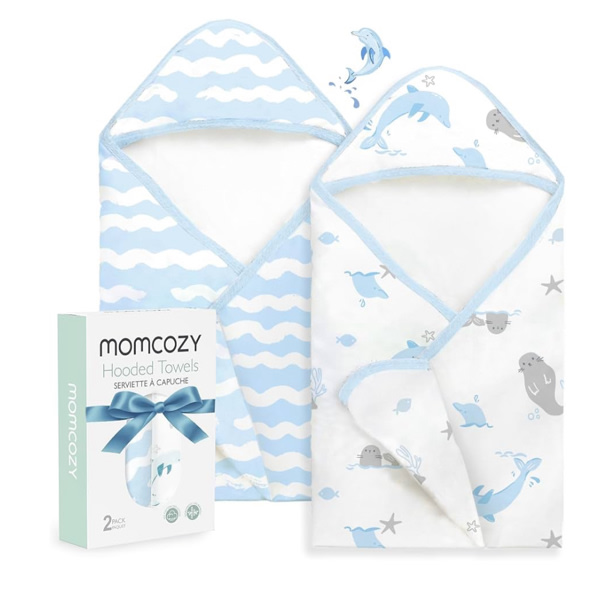 Momcozy Baby Towel with Hooded-Original Design Baby Towel Set -Soft & Absorbent- Shower Gifts or Bath Essential for Infant, Newborn, Toddler, Marine Sea Whale