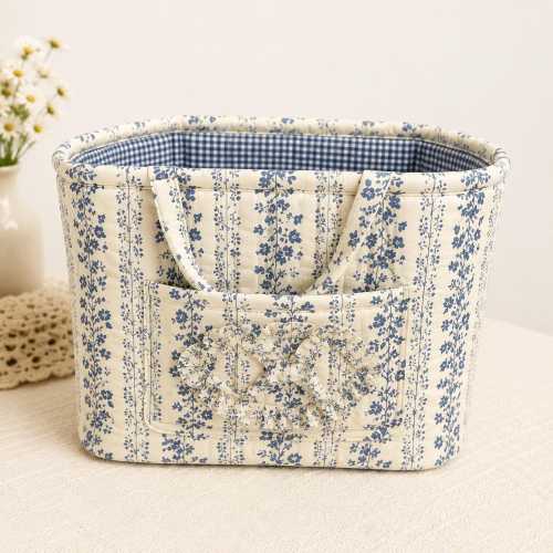 French Country Quilted Storage Basket, Blue Floral Cotton Organizer Bin, Cottagecore Nursery Storage, Handmade Fabric Basket