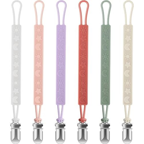 TenderBabe Silicone Pacifier Clip Holder for Baby Girls and Boys, Pack of 6 Soft Flexible Paci Binky Clips with One Piece Design