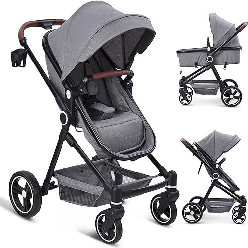 2 in 1 Baby Stroller for Toddler 0-3, Bassinet Stroller for Toddler with Large Storage Basket, Shock Absorbing，Stroller for Newborn with Removable Seat, Cup Holder，Stroller That Converts to Bassinet
