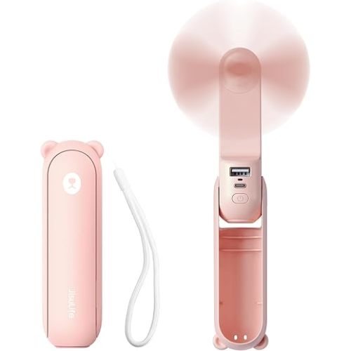 JISULIFE Handheld Mini Fan, 3 IN 1 Hand Fan, USB Rechargeable Small Pocket Fan [12-19 Working Hours] with Power Bank, Flashlight, Portable Fan for Travel/Summer/Concerts/Lash, Gifts for Women(Pink)