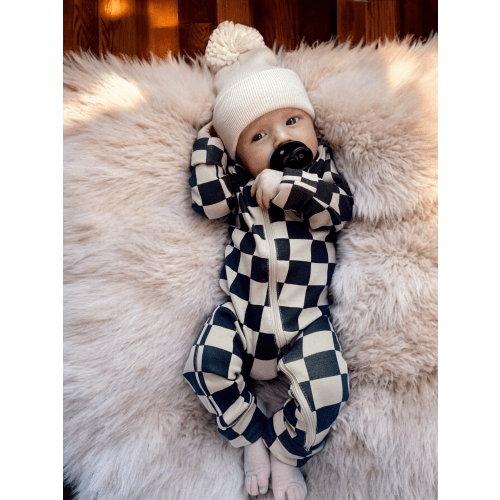 Tiramisu/Black Checkerboard / Organic 2-Way Zip Romper