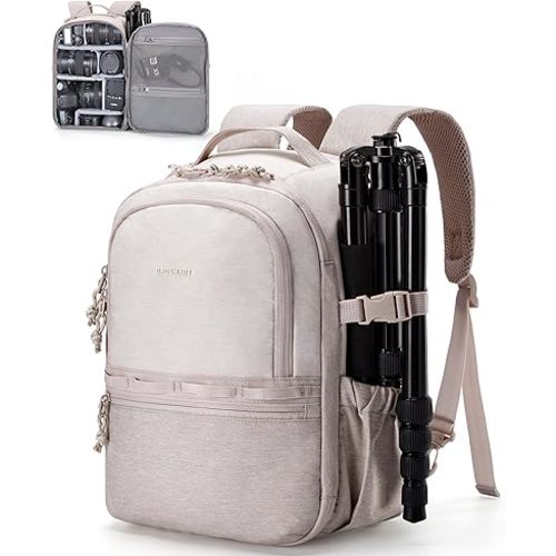 BAGSMART Camera Backpack, DSLR SLR Small Camera Bags for Photographers Compatible for Sony Canon Nikon, Shoulder Strap 2-in-1 Travel Backpack Fits 12.9" iPad, Beige