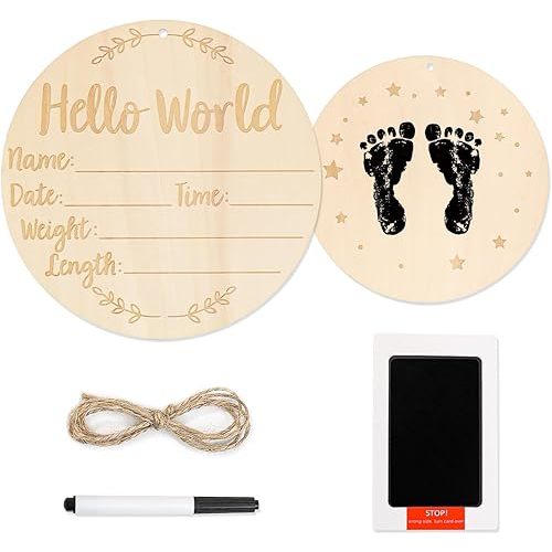 Baby Announcement Sign,Hello World Newborn Sign With Pen And Ink Pad,Wooden Birth Announcement Sign for Hospital Baby Name And Birth Details,Fingerprint Footprints Can be Left on Back.