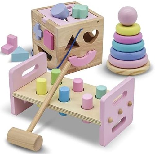 WALIKI Deluxe Wooden Toy Bundle for Girls | Pastel Pounding Bench, Shape Sorter Box & Rainbow Stacker | Montessori Toys for Toddlers & Preschoolers | Ages 2-5 | Educational Gift