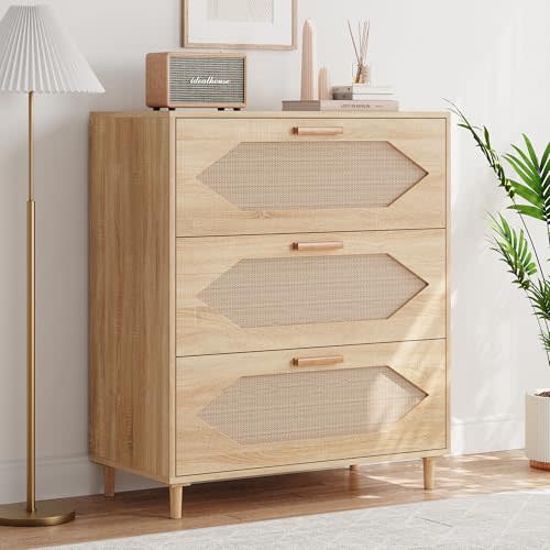 IDEALHOUSE 3 Drawer Rattan Dresser for Bedroom, Rattan Modern Dresser Wood Chest of Drawers, Wooden Storage Cabinets for Bedrooms, Hallways, Living Rooms, and Entryways, Easy Assemble, Natural