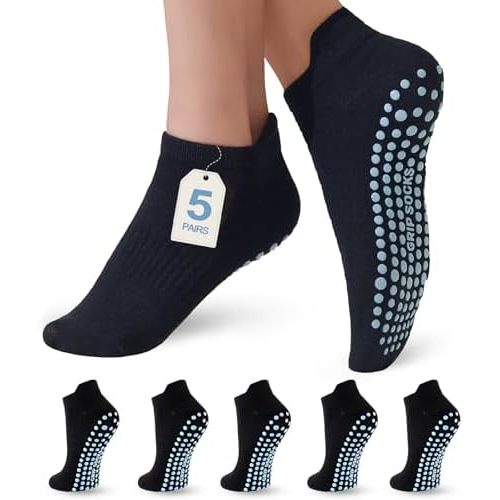 5 Pairs Women’s Pilates Grip Socks, Yoga Crew Grippy Non Slip Socks for Barre, Ballet, Dance & Hospital