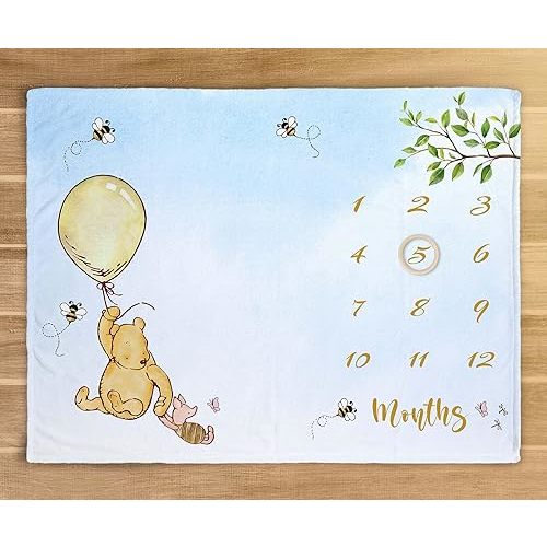 Classic Pooh Bear Baby Milestone Blanket with Wooden Marker, First Year Calendar Monthly Growth Mat, Winnie Bear Monthly Blanket, Cute