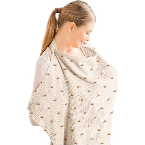 Konssy Muslin Nursing Cover for Baby Breastfeeding, Breathable 100% Cotton Breastfeeding Cover with Rigid Hoop for Mother Nursing Apron, Multi-use Carseat Canopy (Sun)