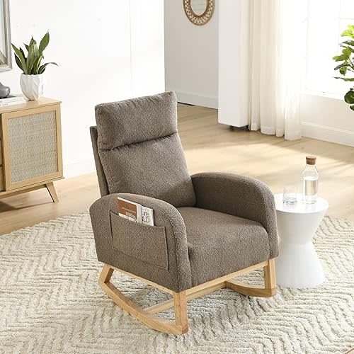Nursery Rocking Glider Chair, Modern Fabric Tall Back Accent Rocker Chair Upholstered Arm Chair w/Side Pockets, Modern Leisure Single Sofa for Living Room, Hotel, Bedroom, Office, Coffee