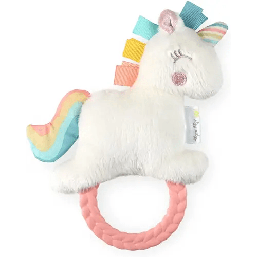 Itzy Ritzy - Ritzy Rattle Pal with Teether - Baby Teething Toy Features A Minky Plush Character, Gentle Rattle Sound & Soft Teether Toy for Newborn (Unicorn)