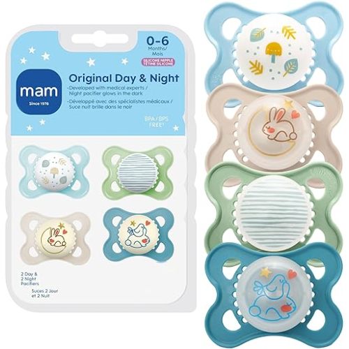 MAM Original Baby Pacifiers 0-6 Months, Binky for Newborn Babies, BPA-Free Skin Soft Silicone Nipple, Glows in The Dark, Developed with Medical Experts, 4 Count, Made in Europe