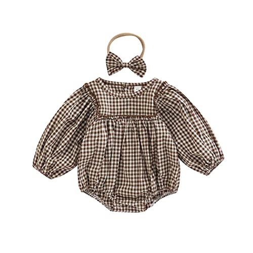 Douhoow Infant Baby Girl Plaid Romper Baby Sweatshirt Romper Ruffle Festival Clothes Fall Winter Outfits with Headband