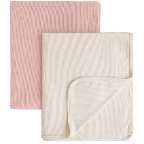 Konssy Knit Baby Blanket 2 Pack, Soft Ribbed Swaddle Receiving Blankets for Boys & Girls, Lightweight Cozy Swaddling Wrap for Newborns, Infants, & Toddlers, 33x42 Inch (Pink,Beige)