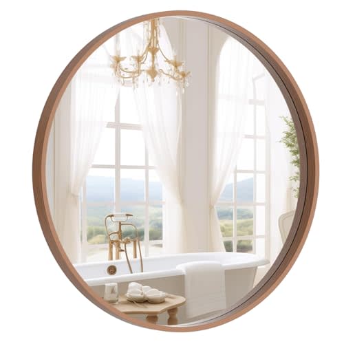 WallBeyond Wood Round Mirror with Wood Frame 24 inch Circle Wall Mirror for Bathroom Round Wall Mirror for Wall Decor, Vanity, Entryway Living Room (Walnut)