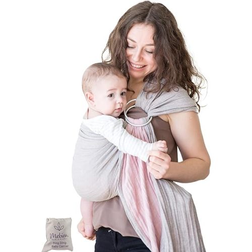 Ring Sling Baby Carrier 100% Cotton Muslin Front and Chest Newborn to Toddler Carrier and Baby Sling (Grey Rose)