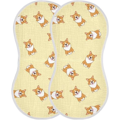 Cute Corgi Dog Pattern Muslin Burp Cloths for Baby 2 Pack Soft 100% Cotton Baby Washcloths Bibs for Boy Girl