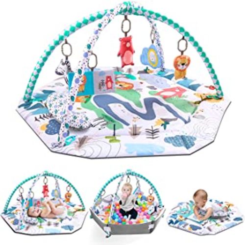 Bellababy Tummy Time Mat, 4-in-1 Baby Gym Activity Play Mat & Ball Pit, with High Contrast Toys & Self-Discovery Mirror & Tummy Time Pillow for Sensory and Motor Skill Development (Blue)